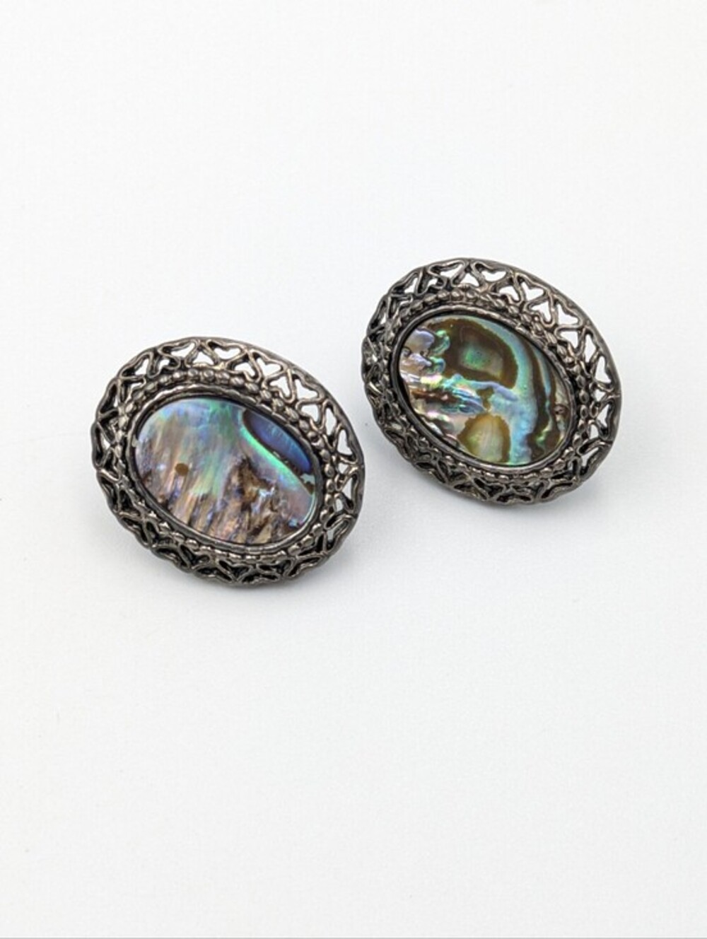 Abalone shell open metalwork oval stud earrings silver tone
